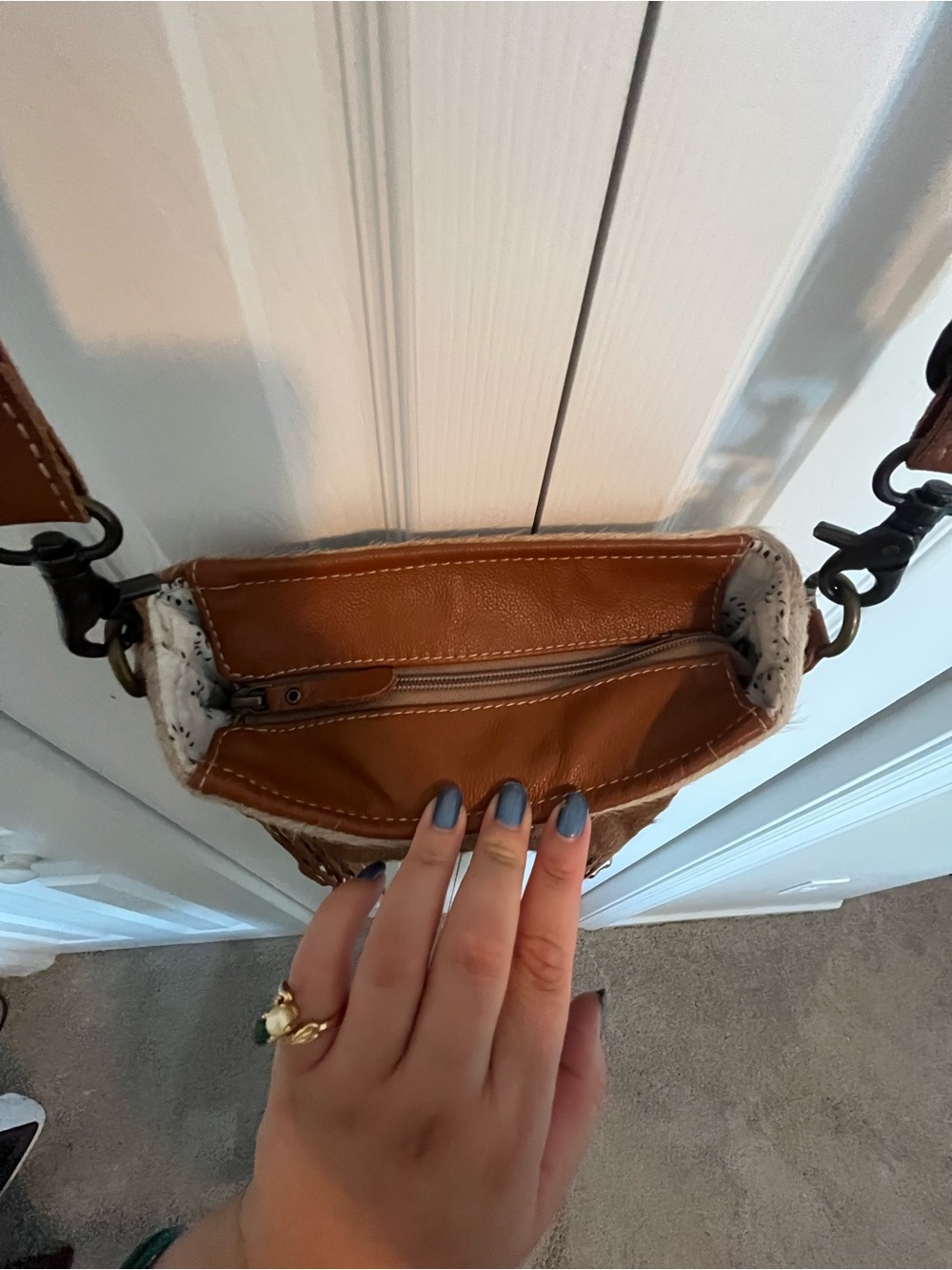 Myra Bag Brown Hair-on-Hide Crossbody with Tooled Leather Panel and Fringe - Picture 7 of 12